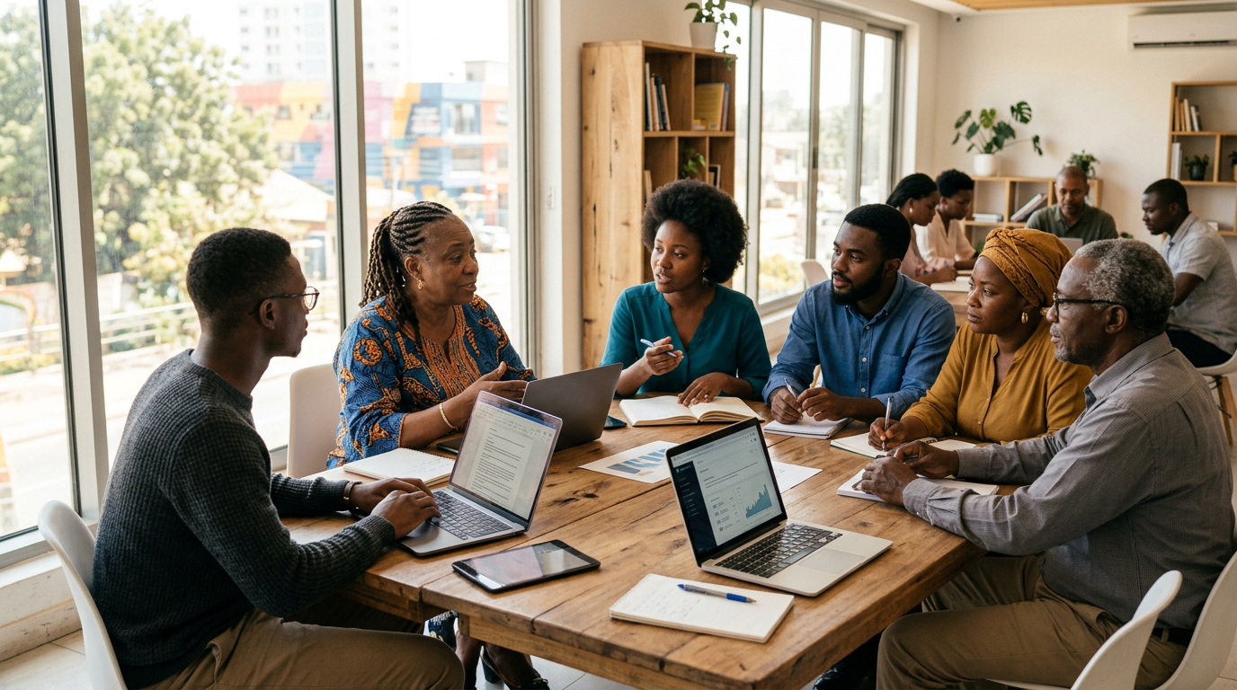 African educators, professionals and entrepreneurs collaborating in an AI learning session